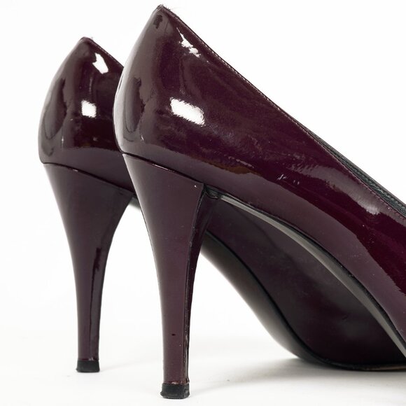 Stuart Weitzman Spice Plum Quasar Patent-Leather Bow Peep-Toe Pumps - Picture 8 of 10